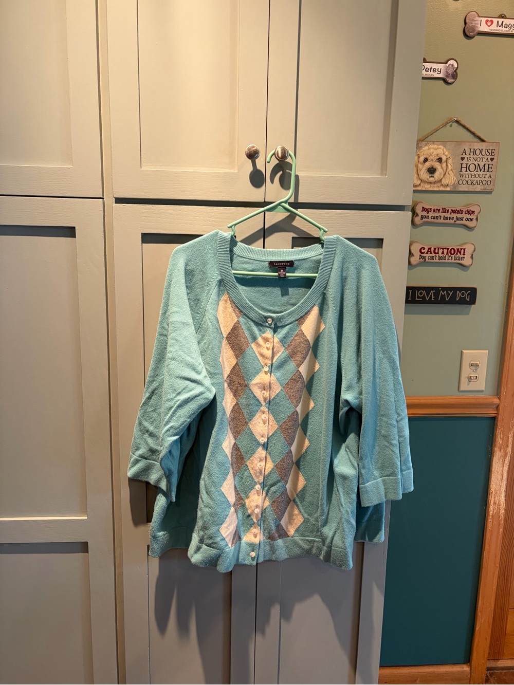 Lands' End Aqua cashmere Argyle Button-Front Sweater